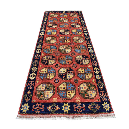 Tribal & Geometric Wool Hand Knotted Rug Red Navy Blue  4.0X10.2 -O053126
