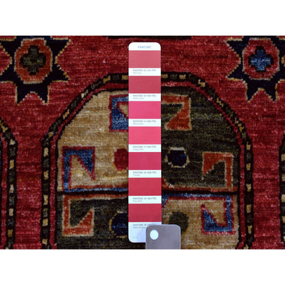 Tribal & Geometric Wool Hand Knotted Rug Red Navy Blue  4.0X10.2 -O053126