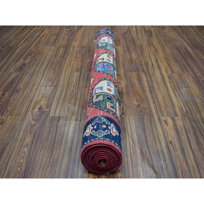 Tribal & Geometric Wool Hand Knotted Rug Red Navy Blue  4.0X10.2 -O053126