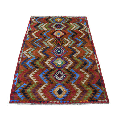Tribal & Geometric Wool Hand Knotted Rug Multicolored No Border 3.9X6.0 -O053143