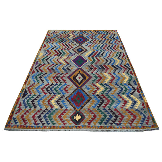 Tribal & Geometric Wool Hand Knotted Rug Grey No Border 5.8X7.6 -O053149