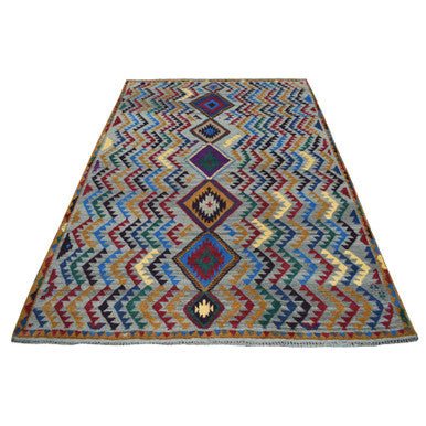 Tribal & Geometric Wool Hand Knotted Rug Grey No Border 5.8X7.6 -O053149