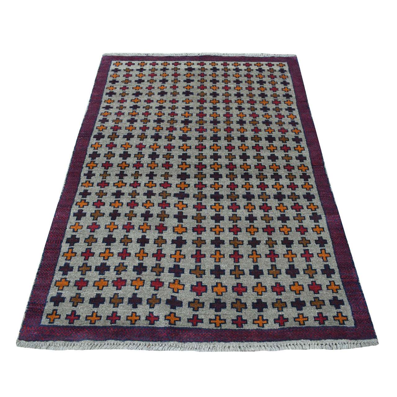 Tribal & Geometric Wool Hand Knotted Rug Grey Red 4.0X5.8 -O053156