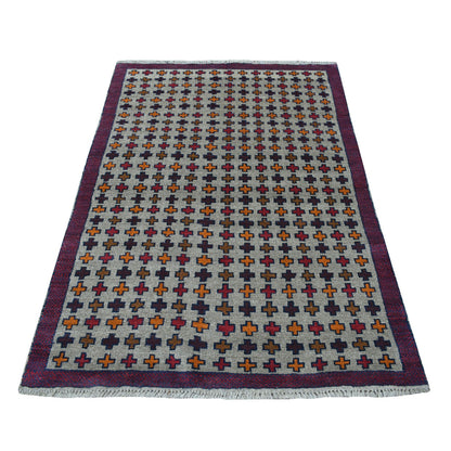 Tribal & Geometric Wool Hand Knotted Rug Grey Red 4.0X5.8 -O053156