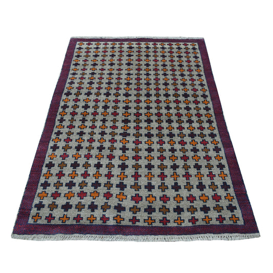 Tribal & Geometric Wool Hand Knotted Rug Grey Red 4.0X5.8 -O053156