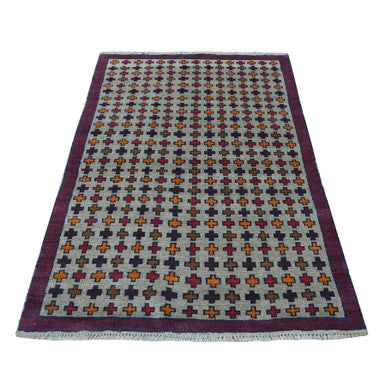 Tribal & Geometric Wool Hand Knotted Rug Grey Red 4.0X5.8 -O053156