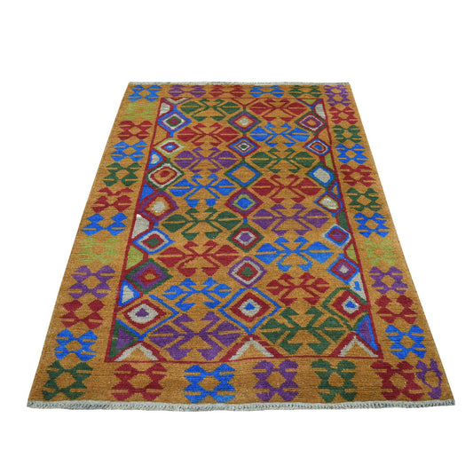 Tribal & Geometric Wool Hand Knotted Rug Orange No Border 4.0X6.0 -O053158