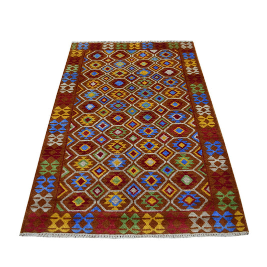 Tribal & Geometric Wool Hand Knotted Rug Multicolored No Border 3.6X5.9 -O053161