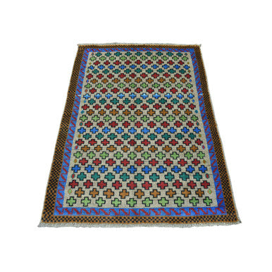 Tribal & Geometric Wool Hand Knotted Rug Grey Blue  3.4X4.9 -O053167