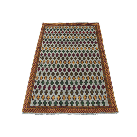Tribal & Geometric Wool Hand Knotted Rug Grey Brown  3.2X5.0 -O053173