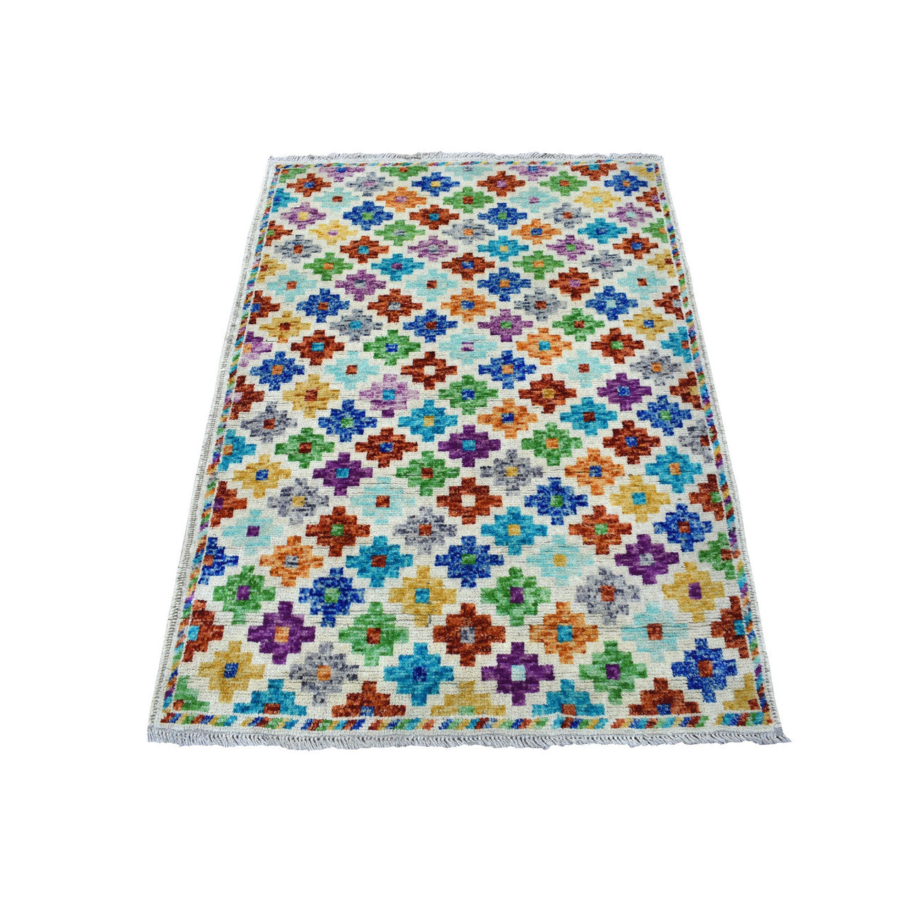 Tribal & Geometric Wool Hand Knotted Rug Ivory No Border 3.6X4.10 -O053176