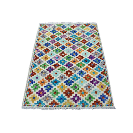 Tribal & Geometric Wool Hand Knotted Rug Ivory No Border 3.6X4.10 -O053176