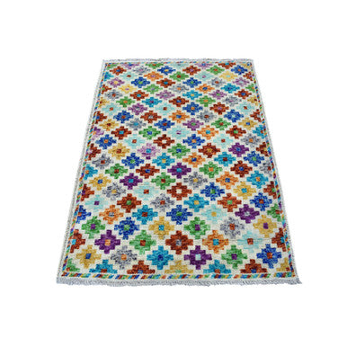 Tribal & Geometric Wool Hand Knotted Rug Ivory No Border 3.6X4.10 -O053176