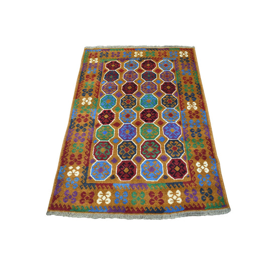 Tribal & Geometric Wool Hand Knotted Rug Multicolored Brown  3.6X4.9 -O053178