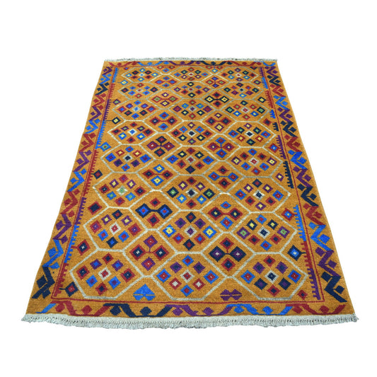 Tribal & Geometric Wool Hand Knotted Rug Multicolored No Border 4.0X5.10 -O053182