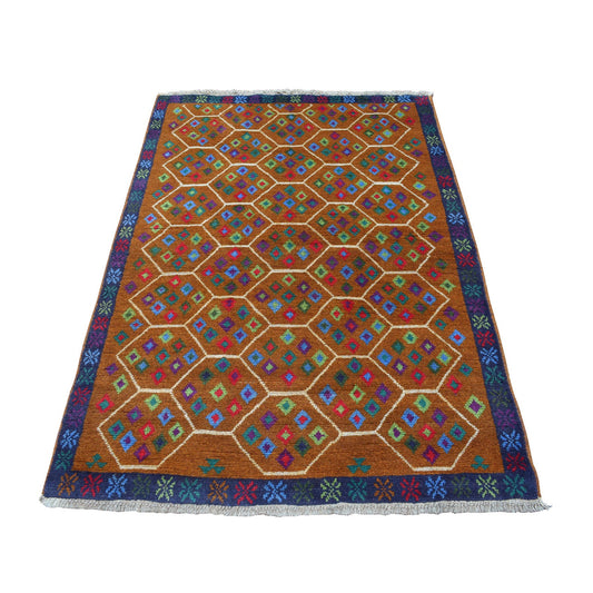 Tribal & Geometric Wool Hand Knotted Rug Multicolored No Border 4.0X6.0 -O053183