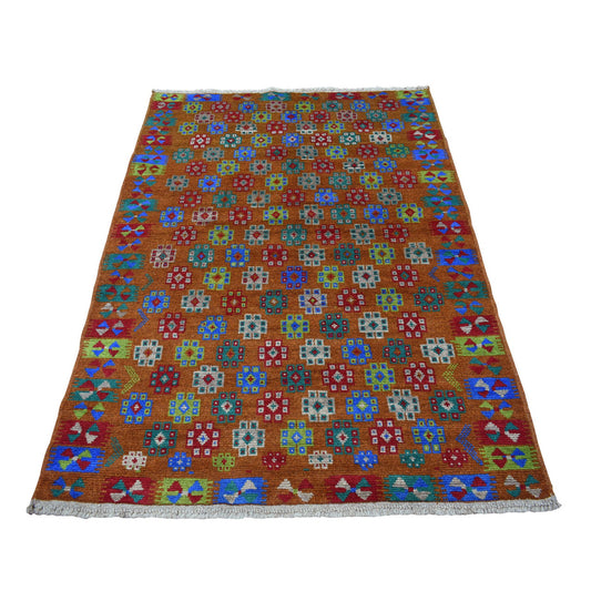 Tribal & Geometric Wool Hand Knotted Rug Multicolored No Border 4.1X5.9 -O053185