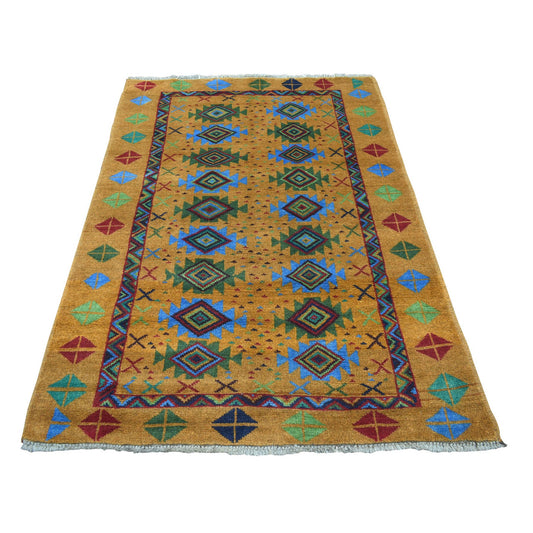 Tribal & Geometric Wool Hand Knotted Rug Multicolored Brown  4.0X6.1 -O053188
