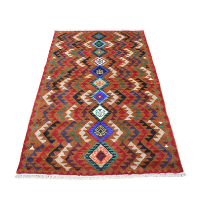 Tribal & Geometric Wool Hand Knotted Rug Multicolored Brown  3.10X6.2 -O053190