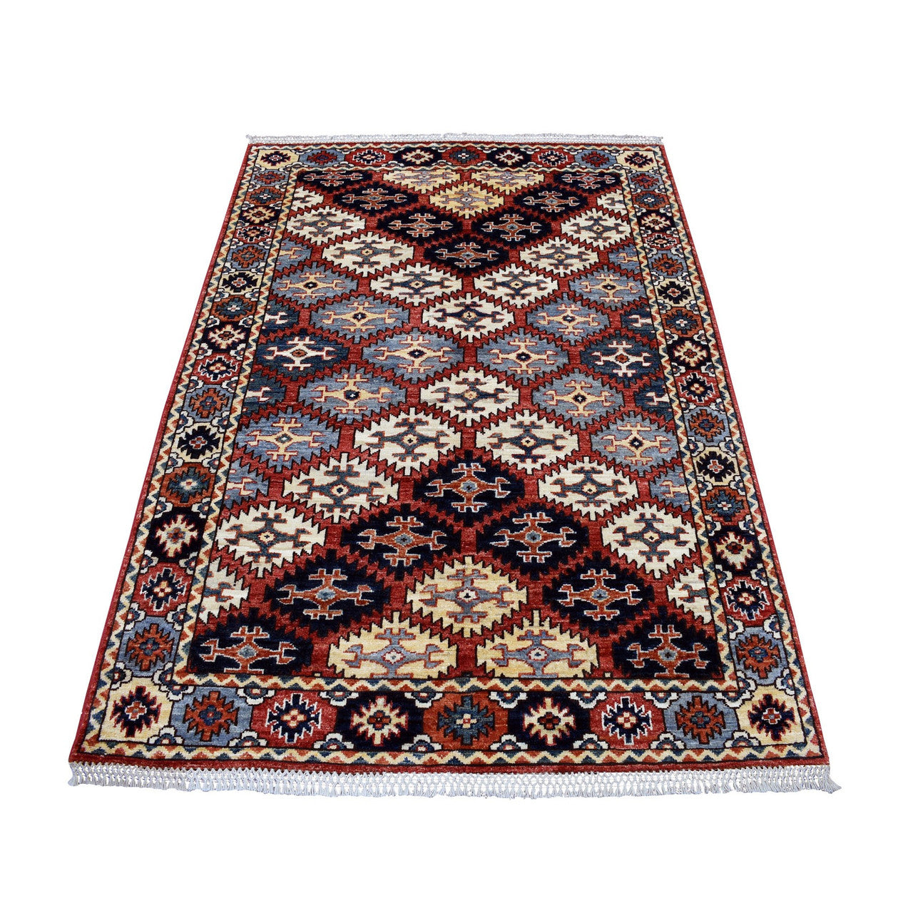 Tribal & Geometric Wool Hand Knotted Rug Red Salsa 4.0X6.0 -O053193