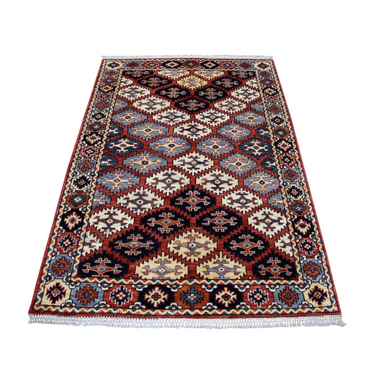 Tribal & Geometric Wool Hand Knotted Rug Red Salsa 4.0X6.0 -O053193