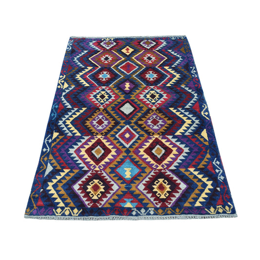 Tribal & Geometric Wool Hand Knotted Rug Blue No Border 3.8X5.7 -O053276