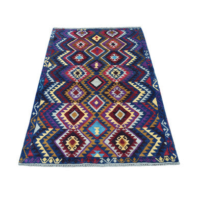 Tribal & Geometric Wool Hand Knotted Rug Blue No Border 3.8X5.7 -O053276