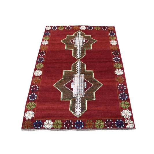 Tribal & Geometric Wool Hand Knotted Rug Red No Border 3.7X4.10 -O053285