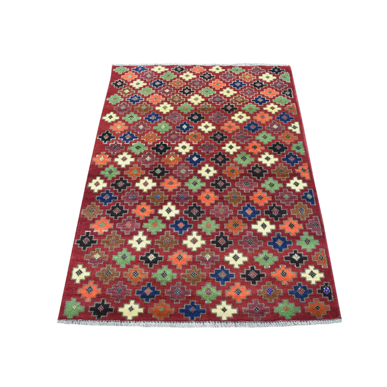 Tribal & Geometric Wool Hand Knotted Rug Red No Border 3.1X4.10 -O053299