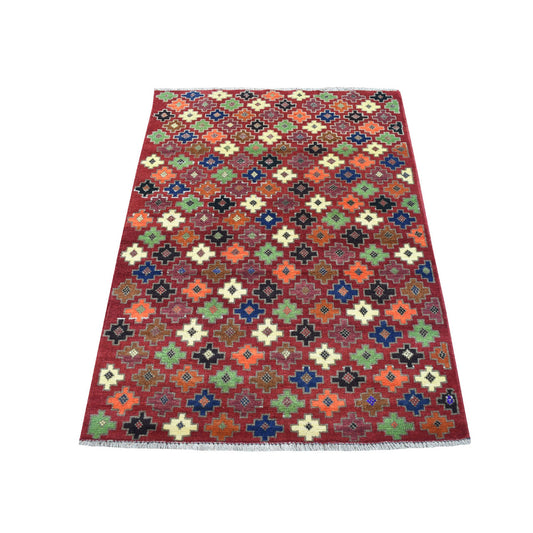 Tribal & Geometric Wool Hand Knotted Rug Red No Border 3.1X4.10 -O053299