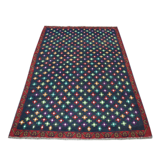 Tribal & Geometric Wool Hand Knotted Rug Blue No Border 4.3X6.0 -O053305