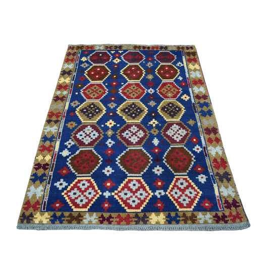 Tribal & Geometric Wool Hand Knotted Rug Blue No Border 3.8X5.9 -O053306