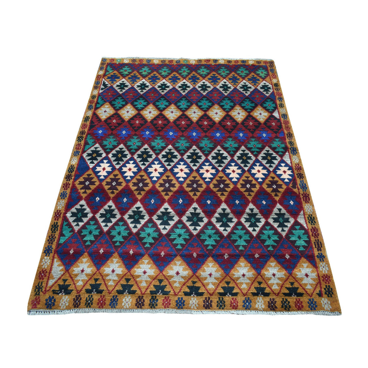 Tribal & Geometric Wool Hand Knotted Rug Red No Border 4.1X5.9 -O053307