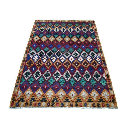 Tribal & Geometric Wool Hand Knotted Rug Red No Border 4.1X5.9 -O053307