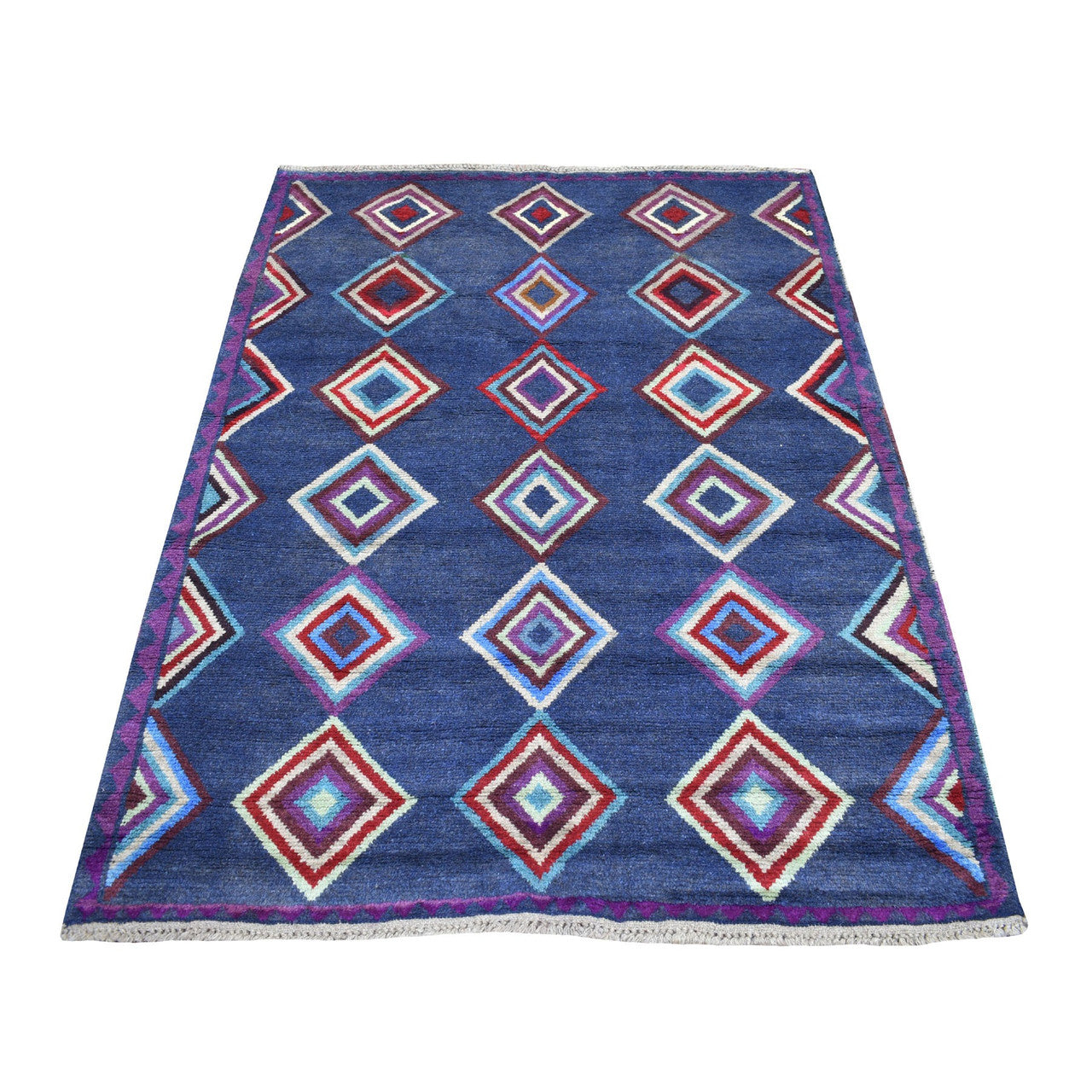 Tribal & Geometric Wool Hand Knotted Rug Blue No Border 4.2X5.7 -O053309
