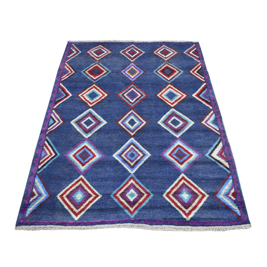 Tribal & Geometric Wool Hand Knotted Rug Blue No Border 4.2X5.7 -O053309
