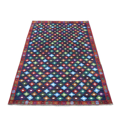 Tribal & Geometric Wool Hand Knotted Rug Blue No Border 4.1X6.0 -O053311
