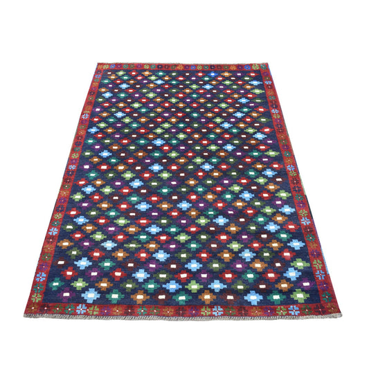 Tribal & Geometric Wool Hand Knotted Rug Blue No Border 4.1X6.0 -O053311