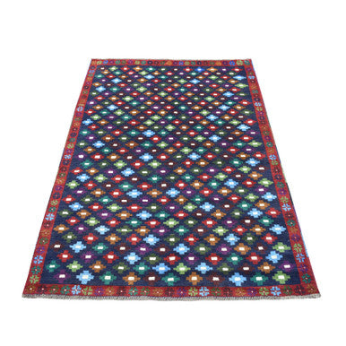 Tribal & Geometric Wool Hand Knotted Rug Blue No Border 4.1X6.0 -O053311