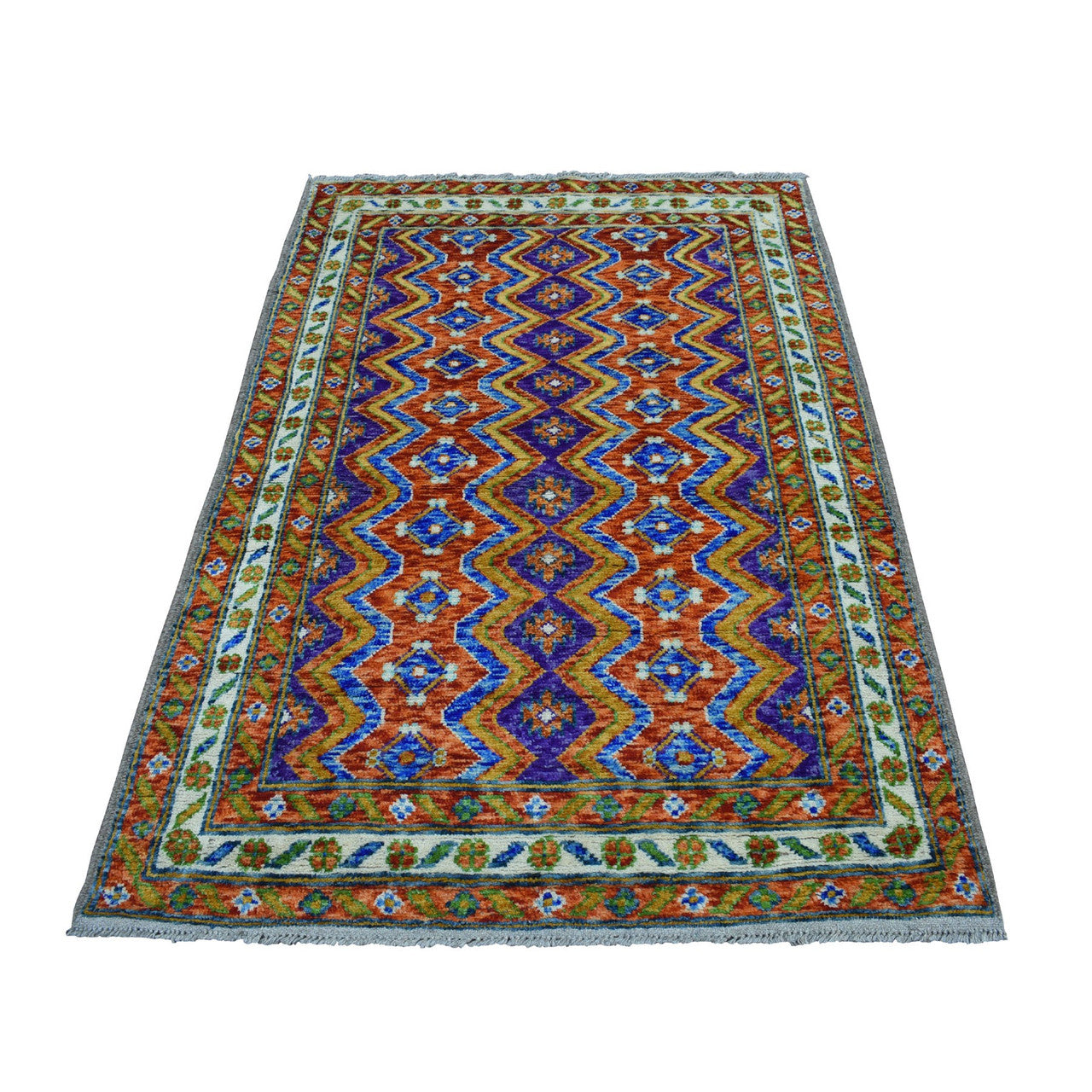 Tribal & Geometric Wool Hand Knotted Rug Orange Ivory 4.0X5.10 -O053319