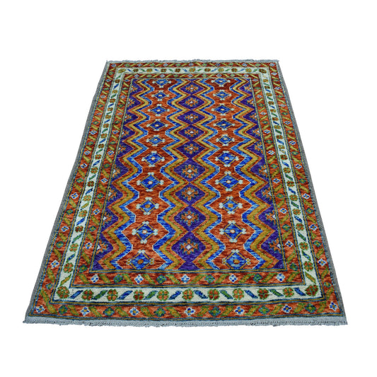 Tribal & Geometric Wool Hand Knotted Rug Orange Ivory 4.0X5.10 -O053319
