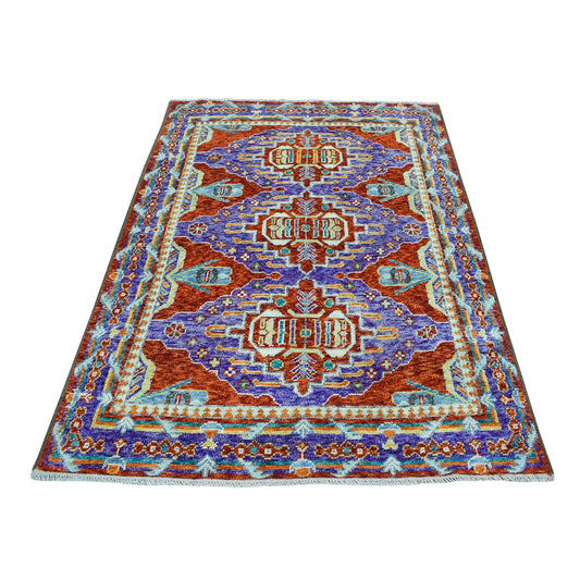 Tribal & Geometric Wool Hand Knotted Rug Red Purple 4.10X6.6 -O053334