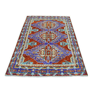 Tribal & Geometric Wool Hand Knotted Rug Red Purple 4.10X6.6 -O053334
