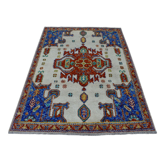 Tribal & Geometric Wool Hand Knotted Rug Ivory Red 5.0X6.7 -O053337