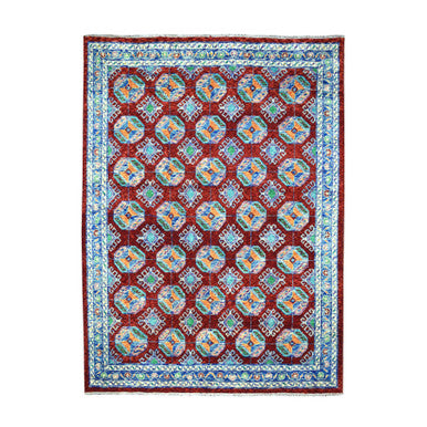 Tribal & Geometric Wool Hand Knotted Rug Red Blue 6.9X8.7 -O053348