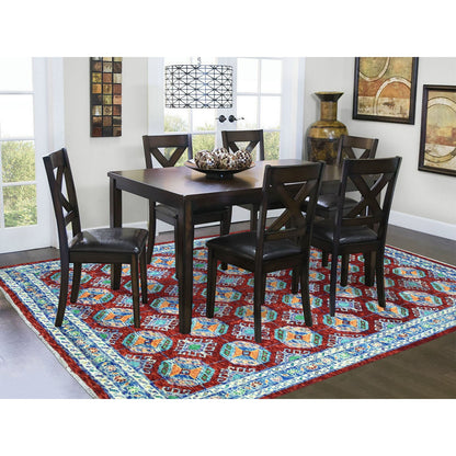 Tribal & Geometric Wool Hand Knotted Rug Red Blue 6.9X8.7 -O053348