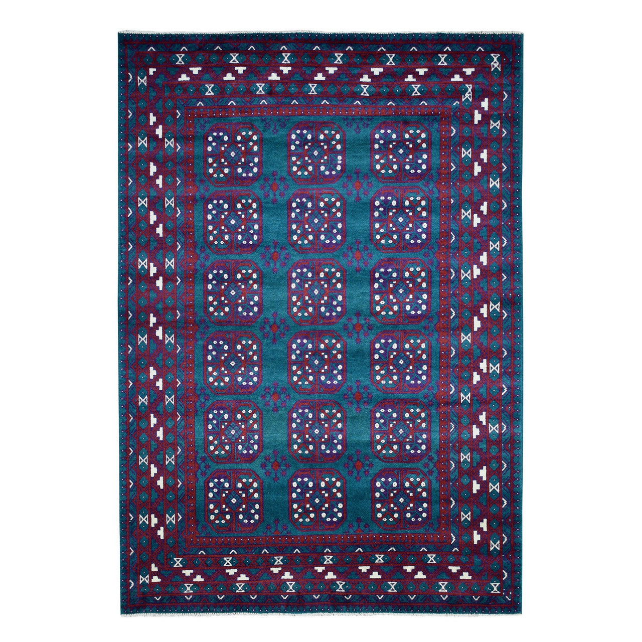 Tribal & Geometric Wool Hand Knotted Rug Green Burgundy 6.6X9.4 -O053354
