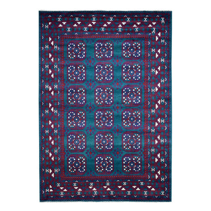 Tribal & Geometric Wool Hand Knotted Rug Green Burgundy 6.6X9.4 -O053354