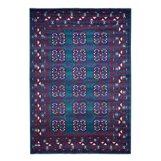 Tribal & Geometric Wool Hand Knotted Rug Green Burgundy 6.6X9.4 -O053354
