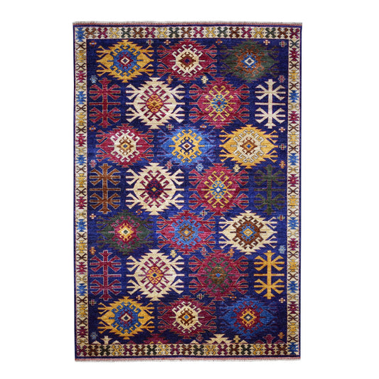 Tribal & Geometric Wool Hand Knotted Rug Blue Yellow 6.0X8.10 -O053472